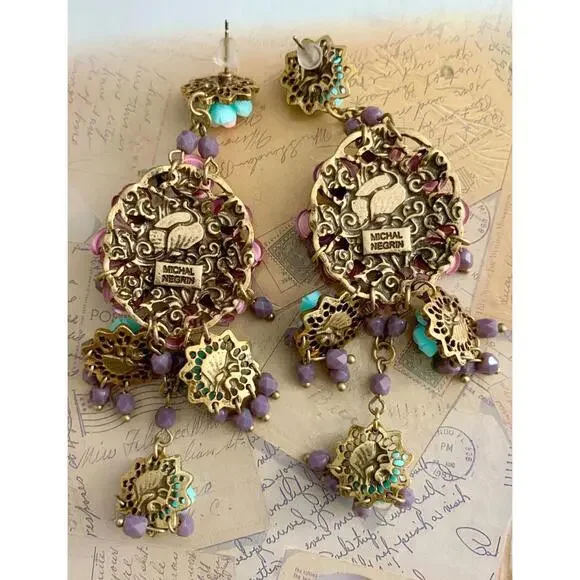 Michal Negrin Chandelier Earring Pink Turquoise Rose Bohemian Victorian Designer - Picture 3 of 5